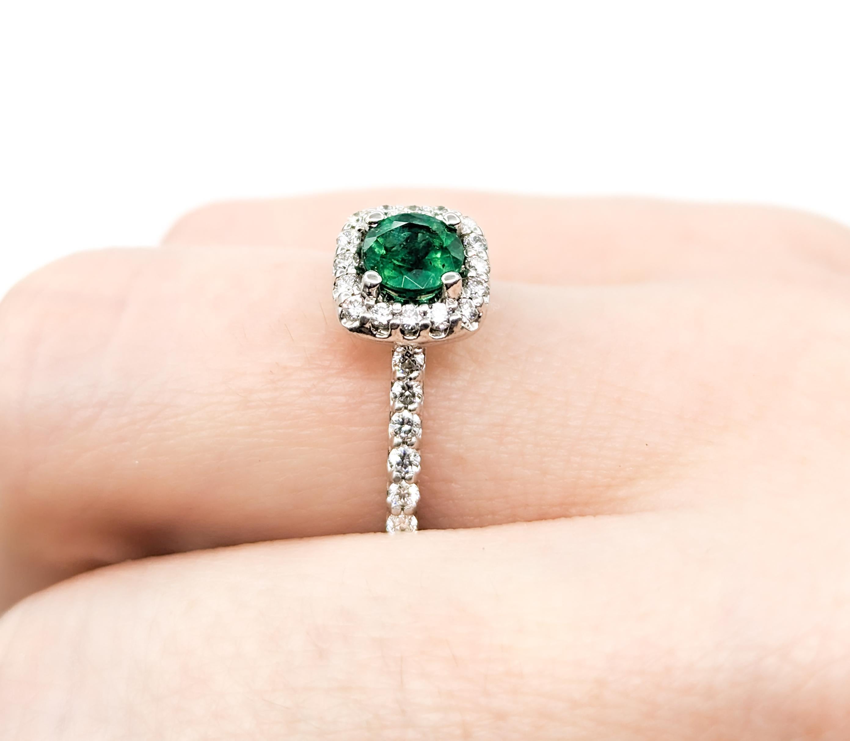 Emerald & Diamond Halo Ring in White Gold In Excellent Condition In Bloomington, MN