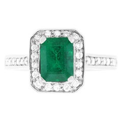 Emerald Diamond Halo Ring Vintage Antique 14K White Gold Channel Set Band