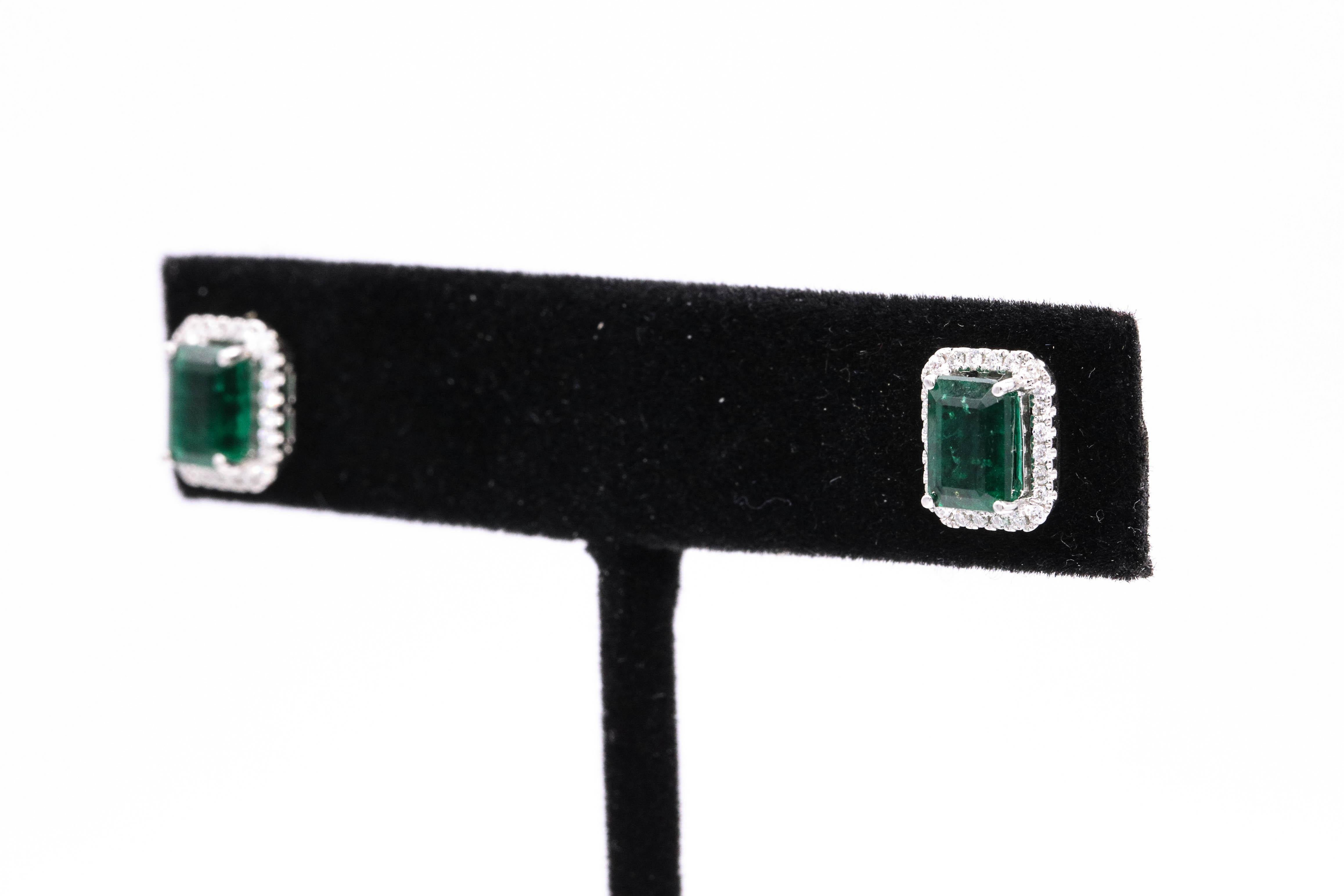 Emerald Diamond Halo Stud Earrings 2.52 Carat 14 Karat White Gold 1