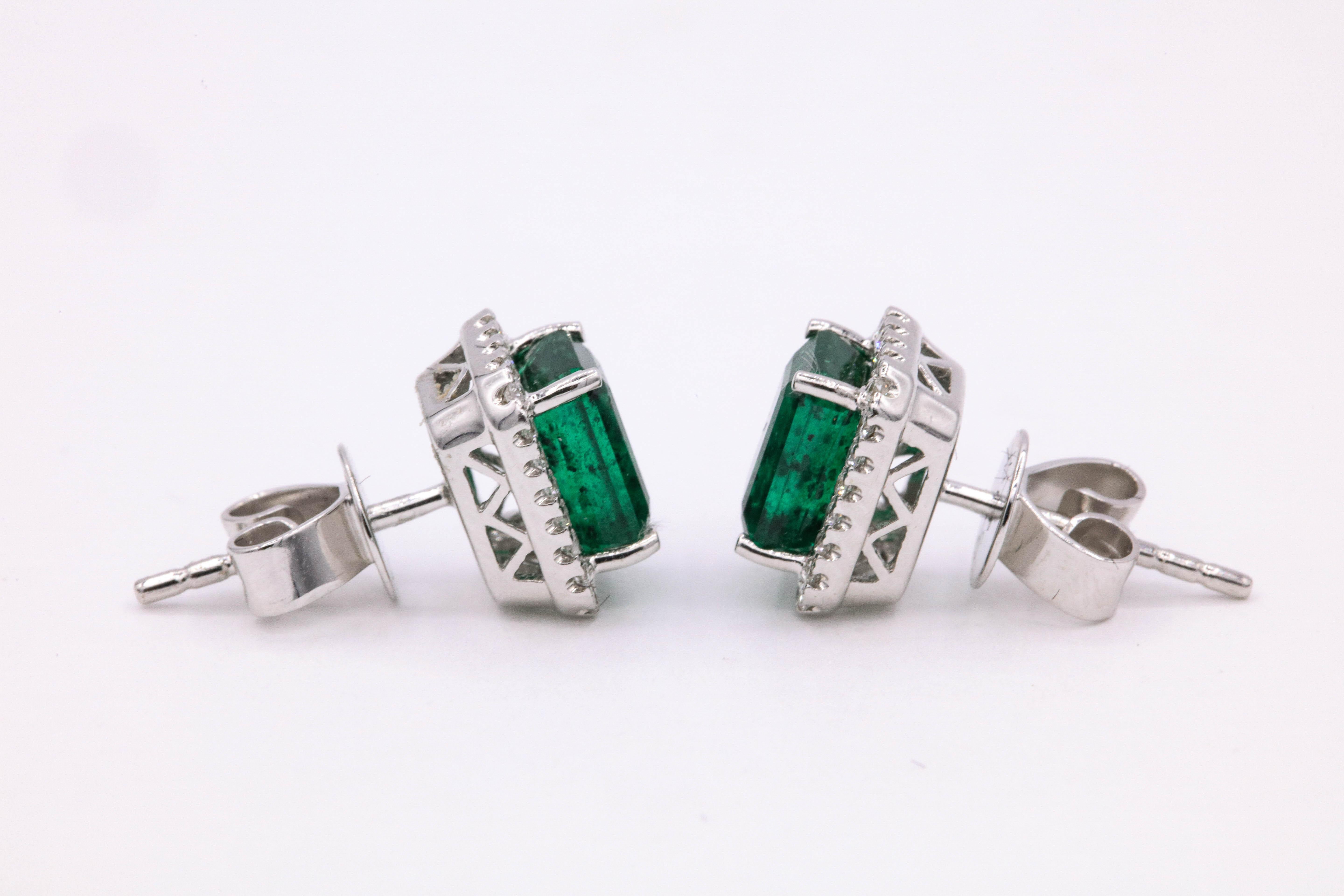 Emerald Diamond Halo Stud Earrings 2.52 Carat 14 Karat White Gold 2