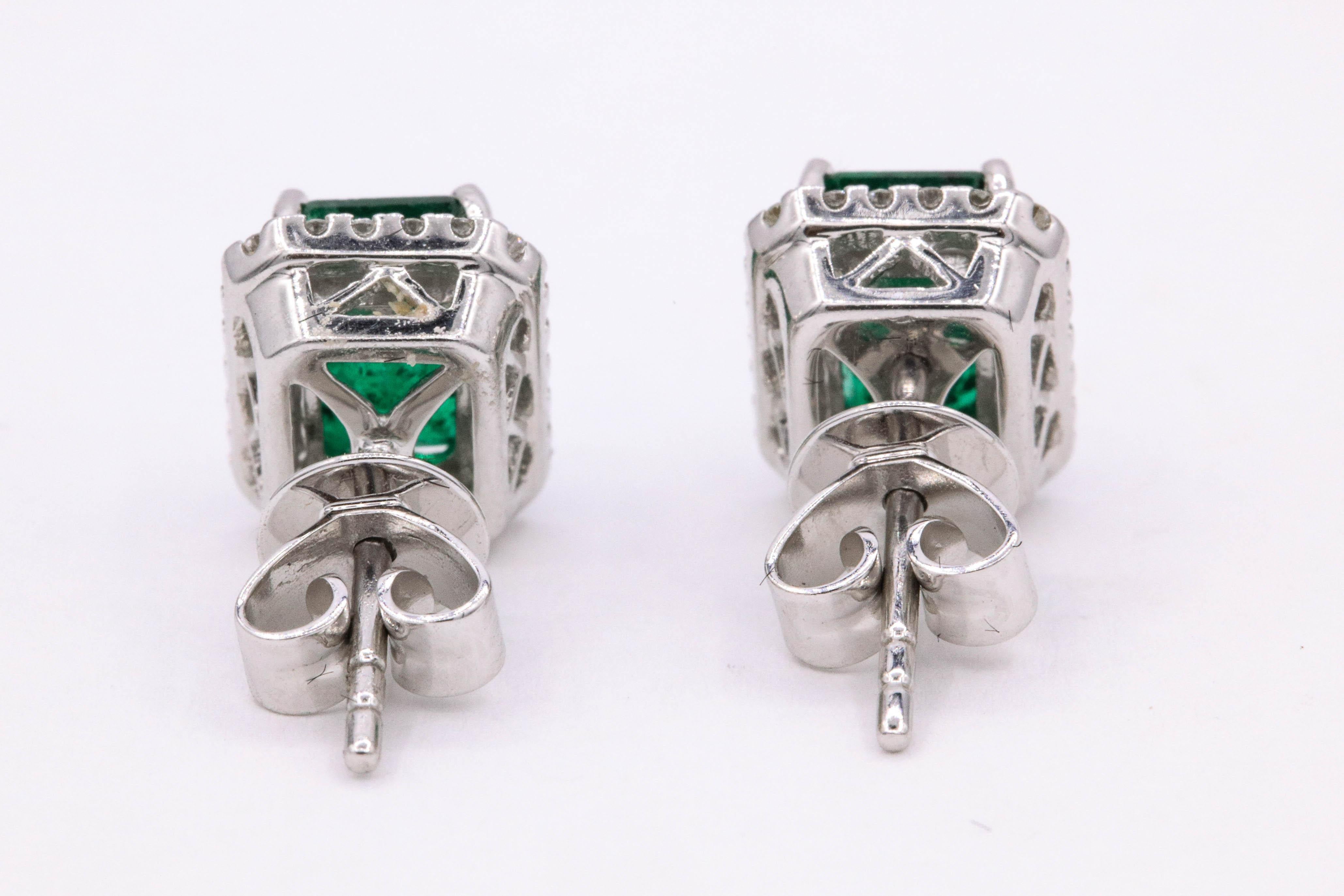 Emerald Diamond Halo Stud Earrings 2.52 Carat 14 Karat White Gold 3