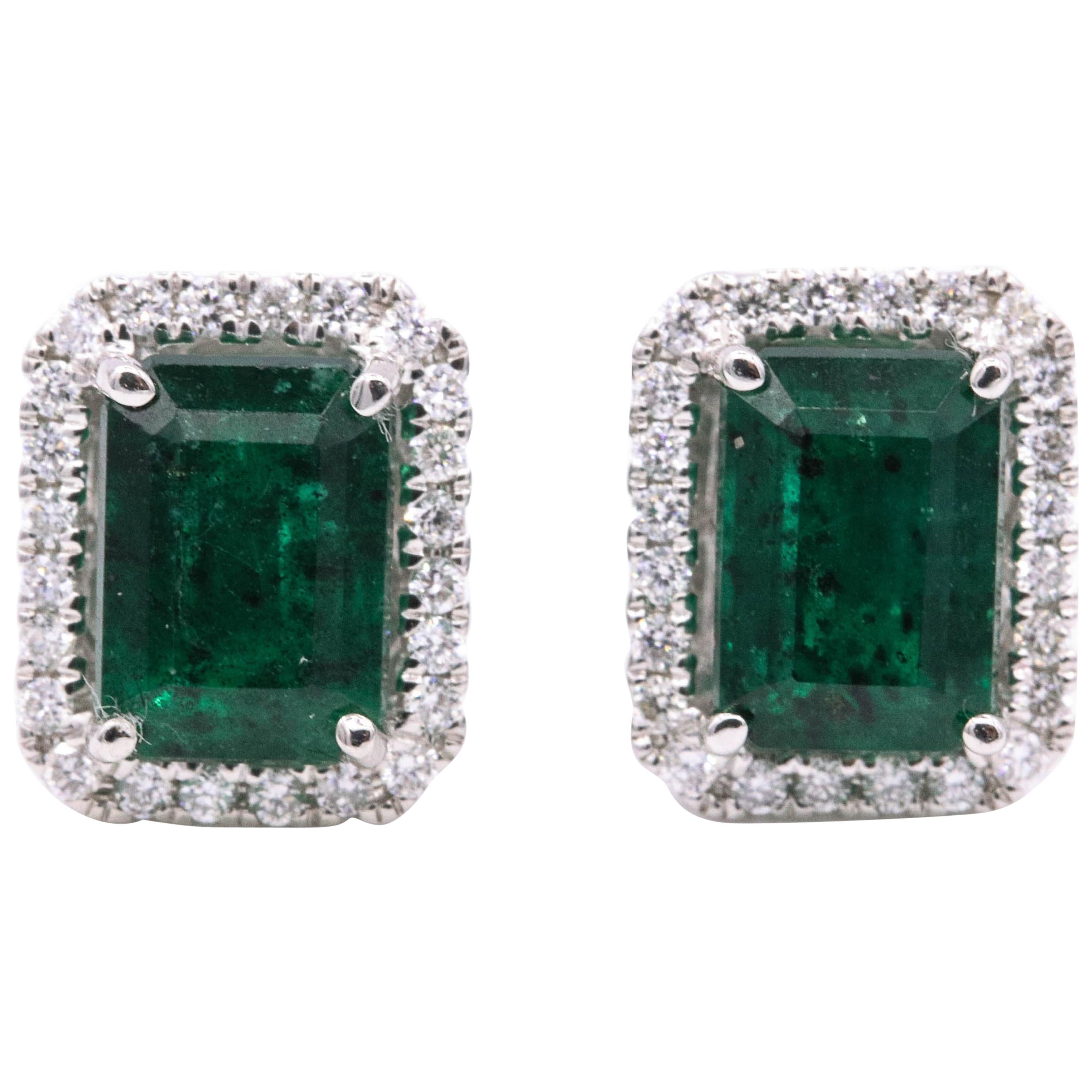 Emerald Diamond Halo Stud Earrings 2.52 Carat 14 Karat White Gold