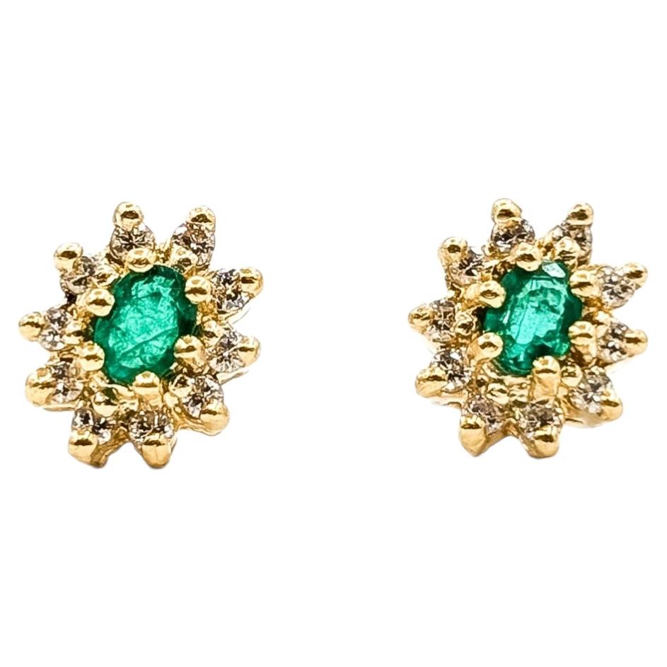 Emerald & Diamond Halo Stud Earrings in 14k Yellow Gold