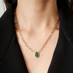 Emerald Diamond Halo Teardrop Pendant Necklace 2.25ct 14K Gold Paperclip Chain