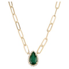 Emerald Diamond Halo Teardrop Pendant Necklace 2.25ct 14K Gold Paperclip Chain