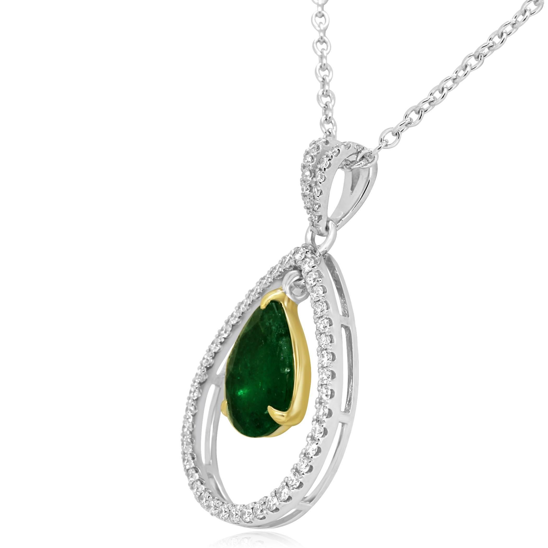 Pear Cut Emerald Diamond Halo Two-Color Gold Chain Drop Necklace