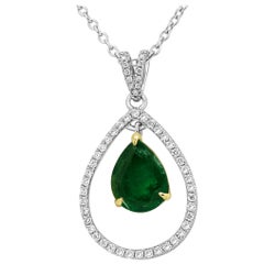 Emerald Diamond Halo Two-Color Gold Chain Drop Necklace
