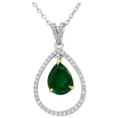 Emerald Diamond Halo Two-Color Gold Chain Drop Necklace