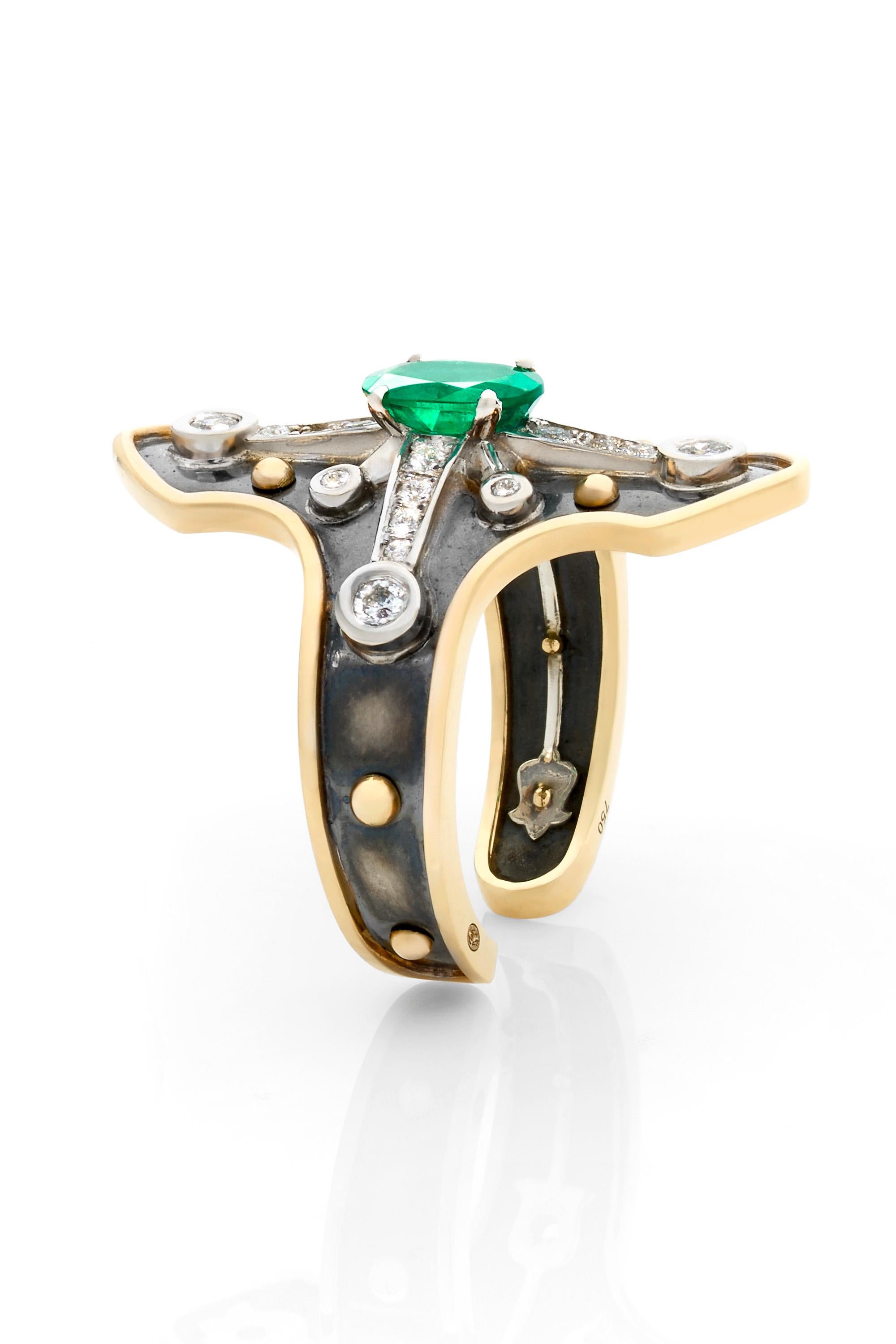 Emerald Cut Emerald & Diamond Heaume Ring  in 18k Gold by Elie Top For Sale