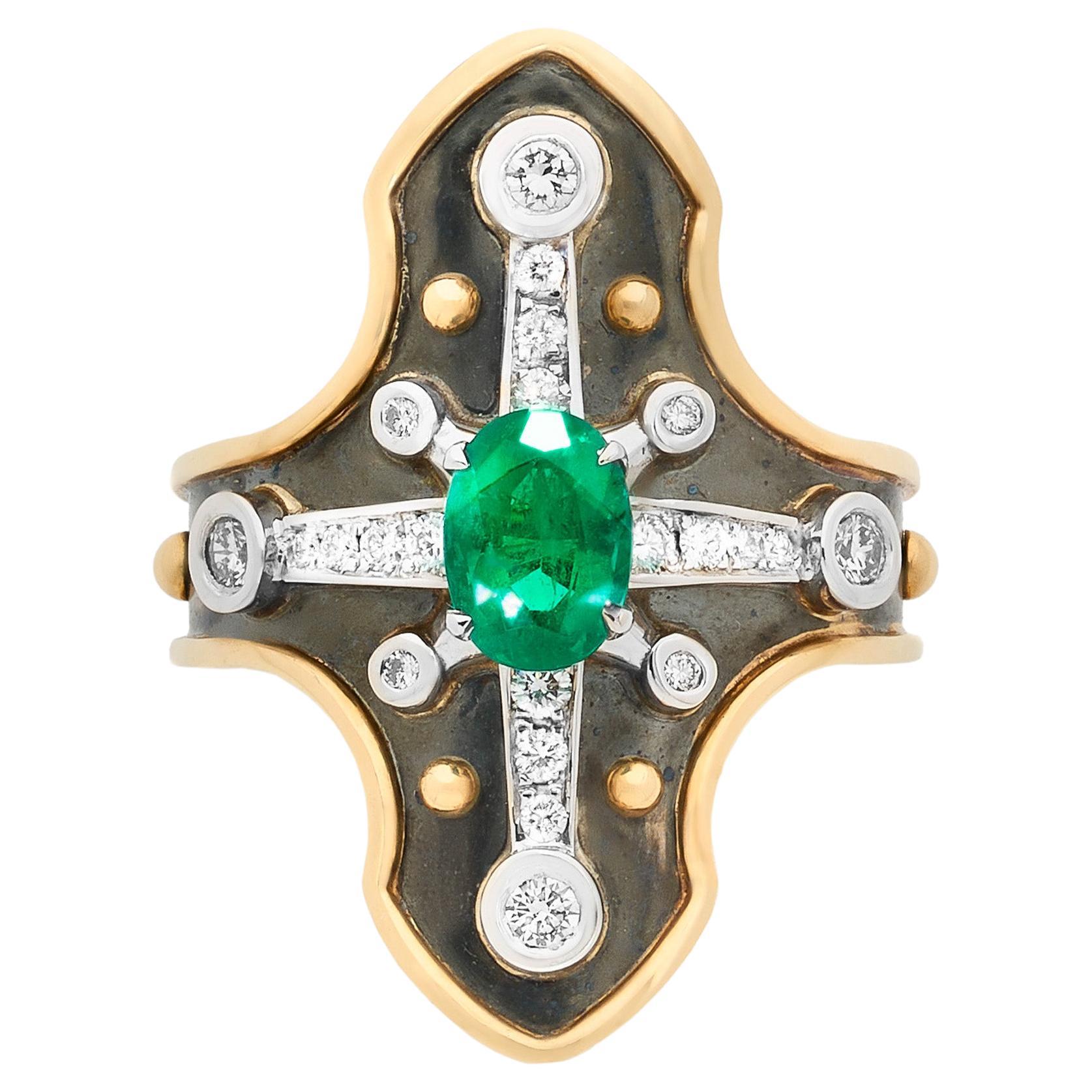 Emerald & Diamond Heaume Ring  in 18k Gold by Elie Top For Sale
