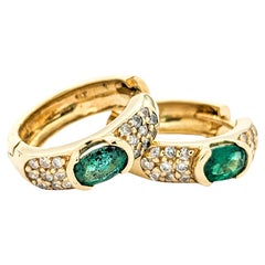 Vintage Emerald & Diamond Hoop Earrings in 14K Yellow Gold
