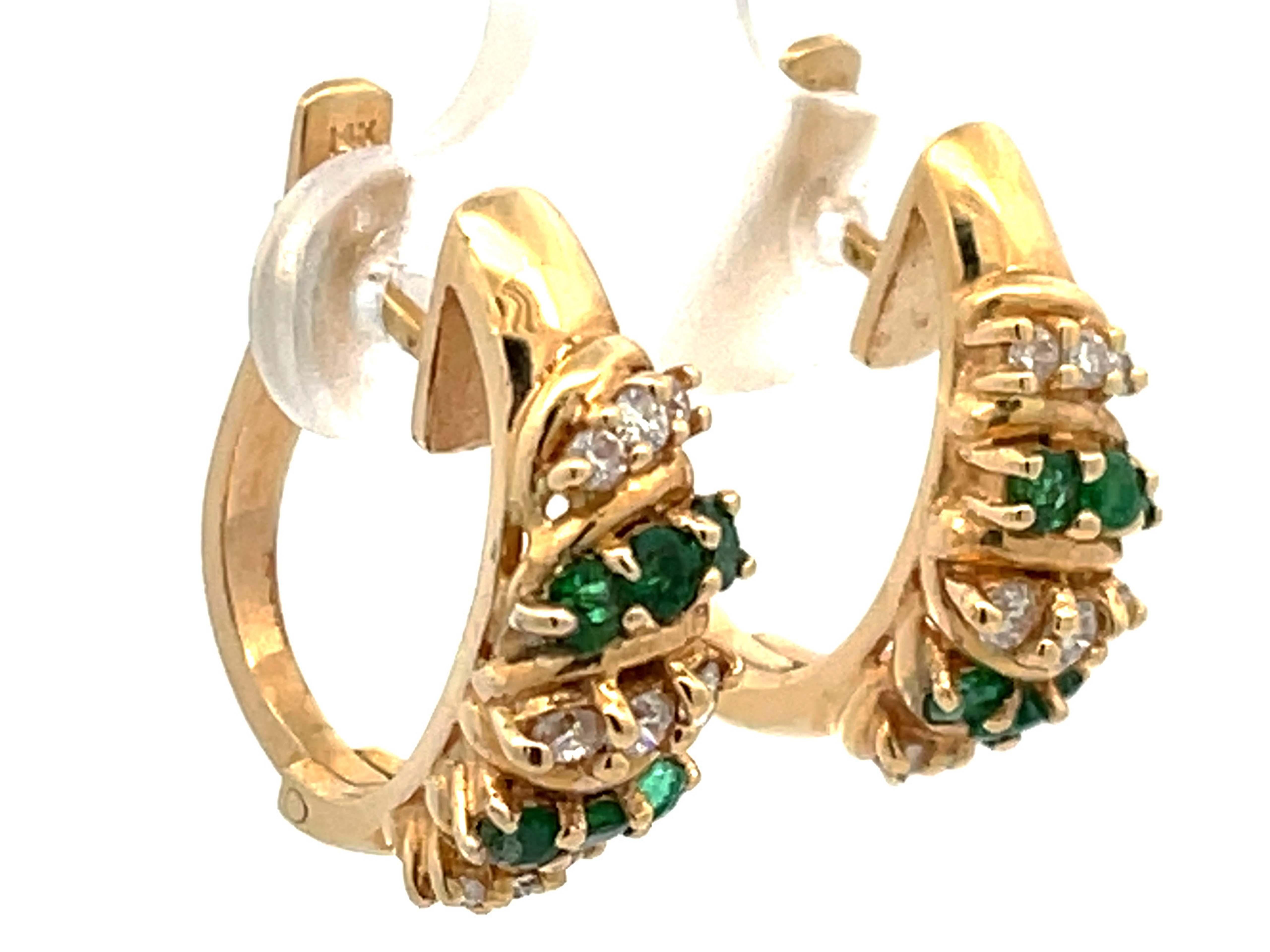 Modern Emerald Diamond Huggie Earrings in 14k Yellow Gold For Sale