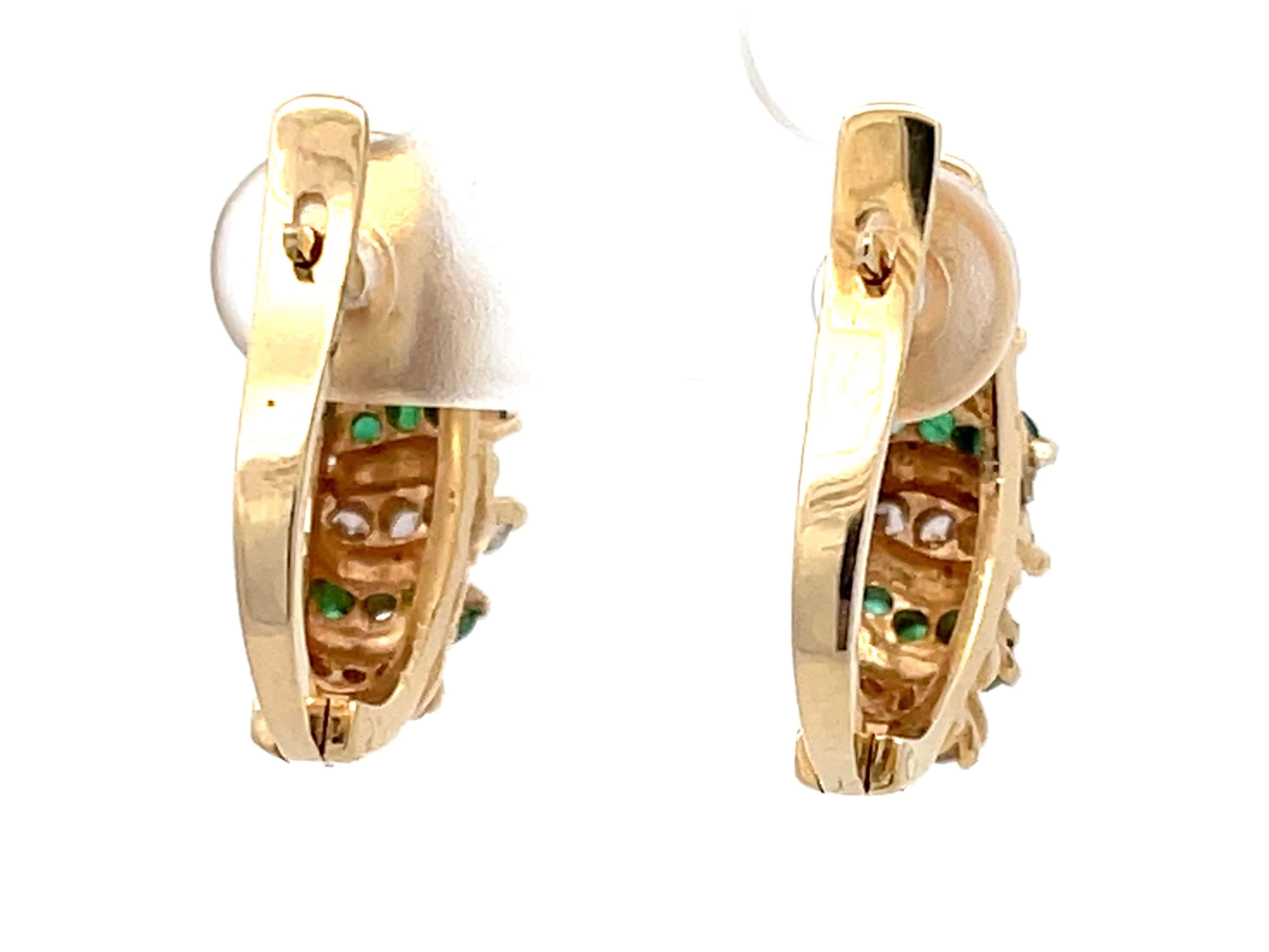 Emerald Diamond Huggie Earrings in 14k Yellow Gold For Sale 1