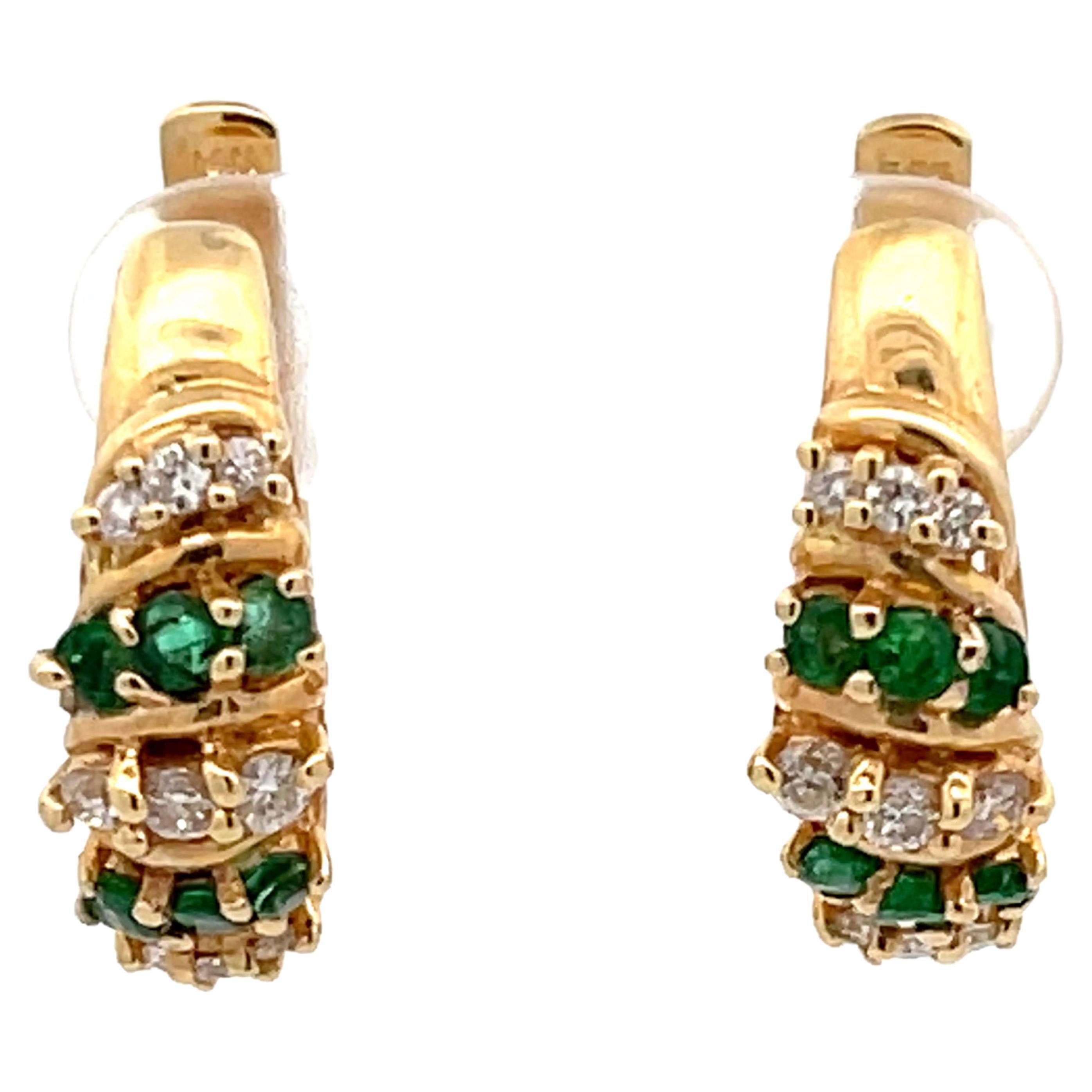Emerald Diamond Huggie Earrings in 14k Yellow Gold For Sale