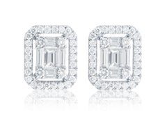Emerald Diamond Illusion Stud Earring in 18 Karat White Gold