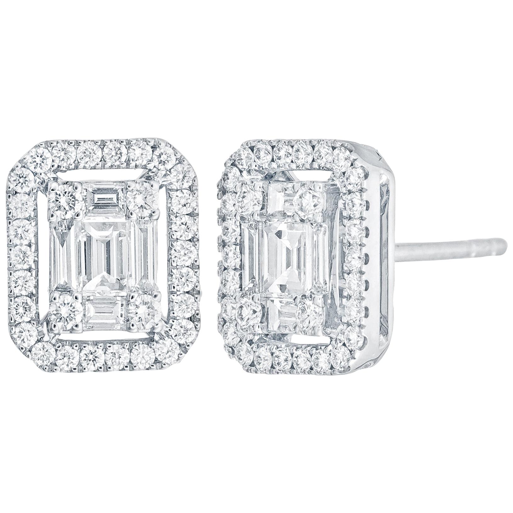 Emerald Diamond Illusion Stud Earring in 18 Karat White Gold For Sale