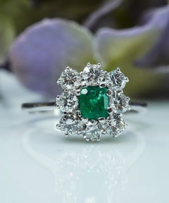 Jabel Vintage Oro Bianco 18K Smeraldo Colombiano Diamante Anello aureola Estate