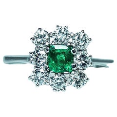 Jabel Vintage 18K White Gold Colombian Emerald Diamond Halo Ring Estate