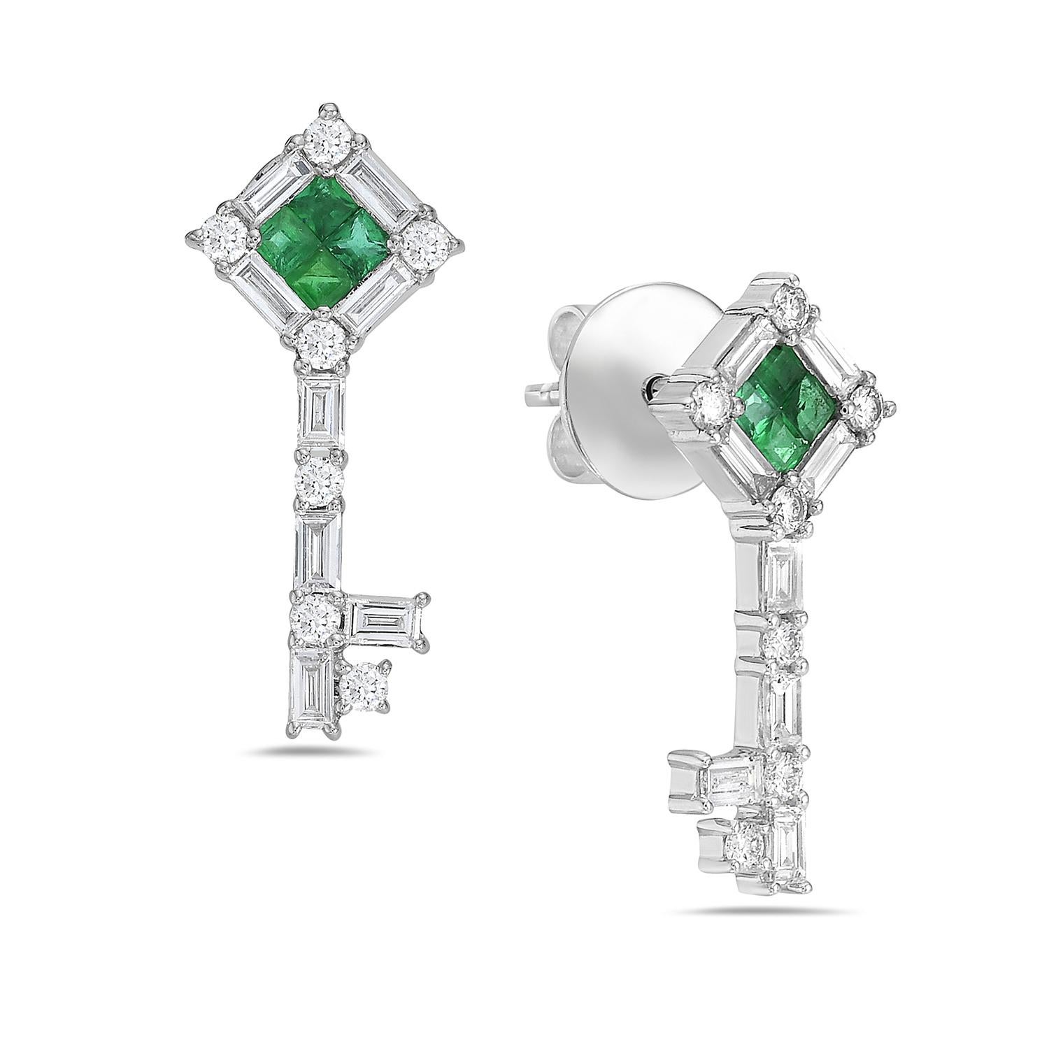 Artisan Emerald & Diamond Key Shaped Earrings Made In 18k White Gold For Sale