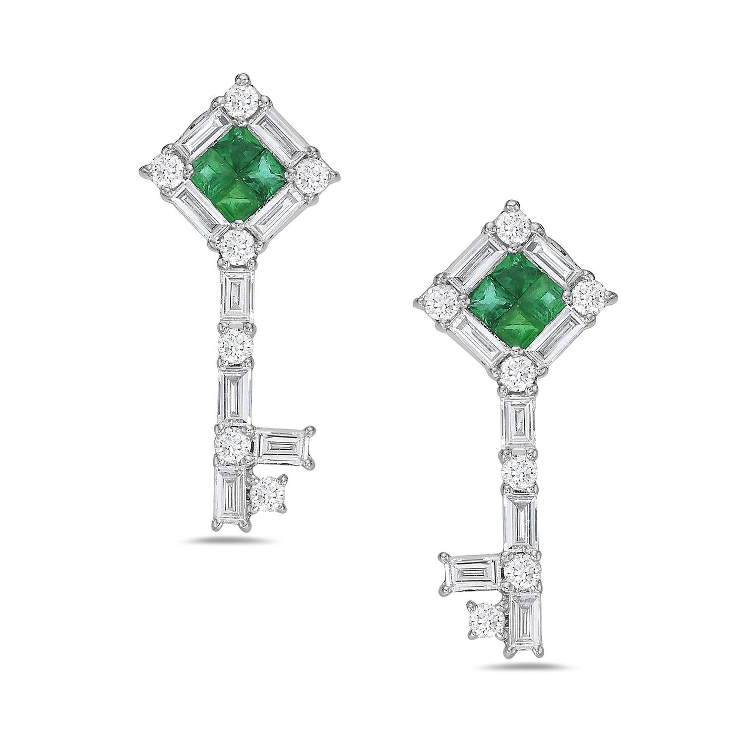 Mixed Cut Emerald & Diamond Key Shaped Earrings Made In 18k White Gold For Sale