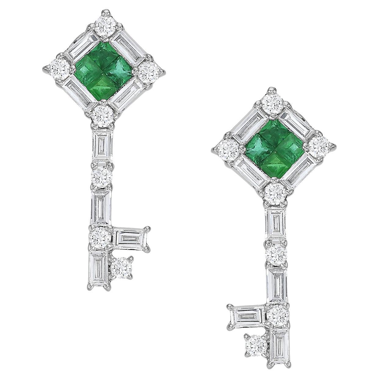 Emerald & Diamond Key Shaped Earrings Made In 18k White Gold