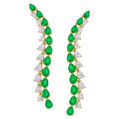 Pendientes Gota Esmeralda Diamante Hoja Curva Oro Amarillo 18K