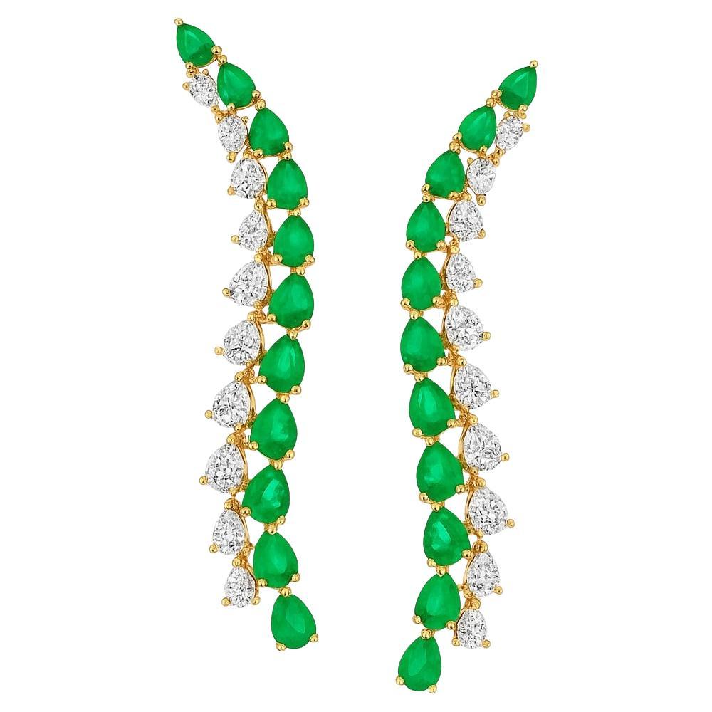 Boucles d'oreilles pendantes en or jaune 18K avec feuilles d'émeraude et diamants