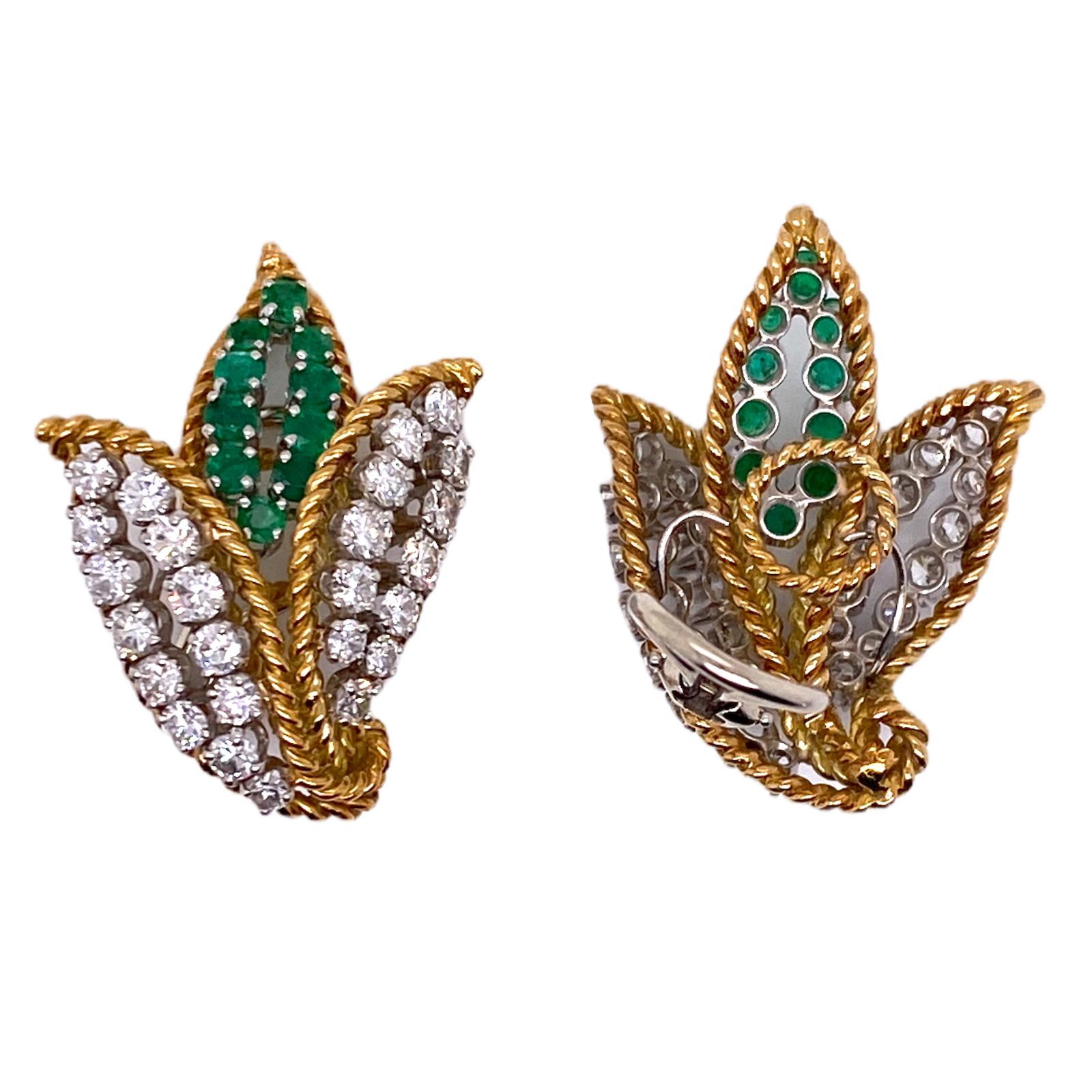 Contemporary Emerald Diamond Leaf Motif 18 Karat Yellow Gold Platinum Vintage Ear Clips