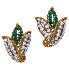 Emerald Diamond Leaf Motif 18 Karat Yellow Gold Platinum Vintage Ear Clips