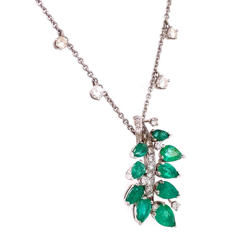 Modern Emerald Diamond Leaf Motif Drop Pendant Necklace