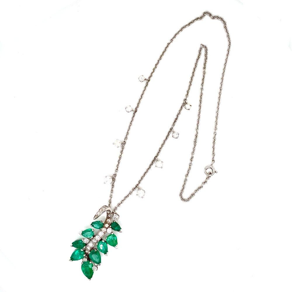 Pear Cut Emerald Diamond Leaf Motif Drop Pendant Necklace