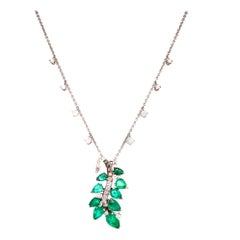 Vintage Emerald Diamond Leaf Motif Drop Pendant Necklace