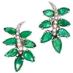 Emerald Diamond Leaf Motif White Gold Earrings