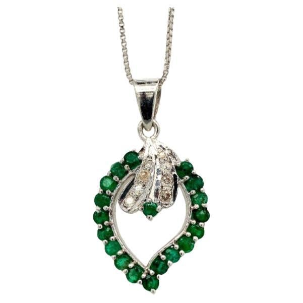 Emerald Diamond Leaf Pendant Necklace in .925 Sterling Silver for Her For Sale