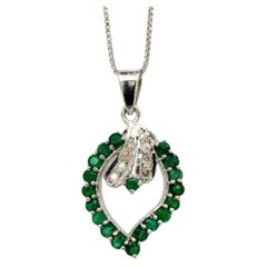 Emerald Diamond Leaf Pendant Necklace in .925 Sterling Silver for Her