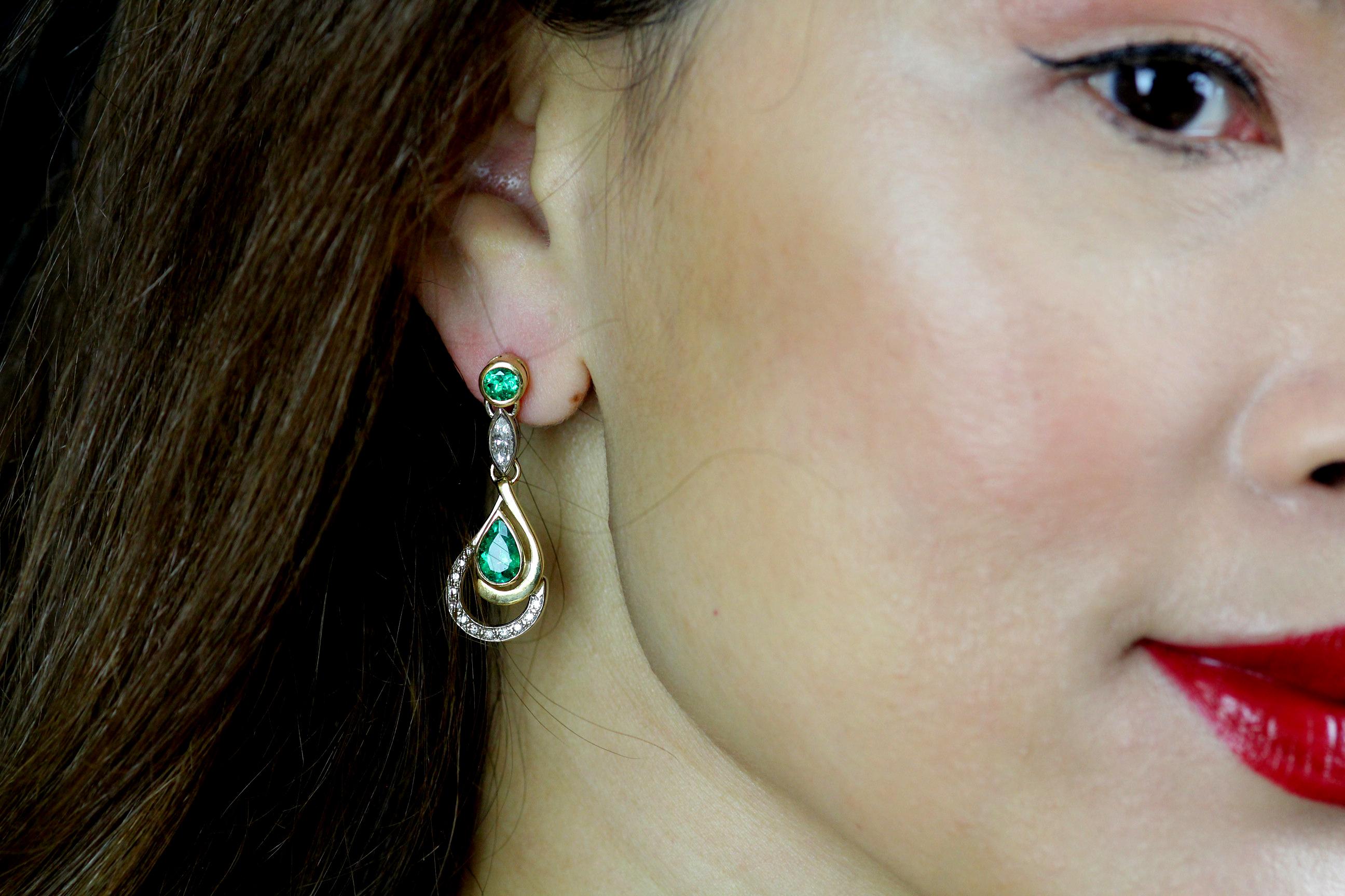 Pear Cut Emerald and Diamond Lever Back Drop Earrings in 18 Carat Yellow Gold For Sale