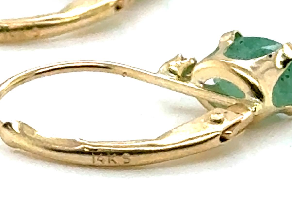 Women's Emerald Diamond Leverback Earrings 1 Carat 14K Yellow Gold 1ct For Sale