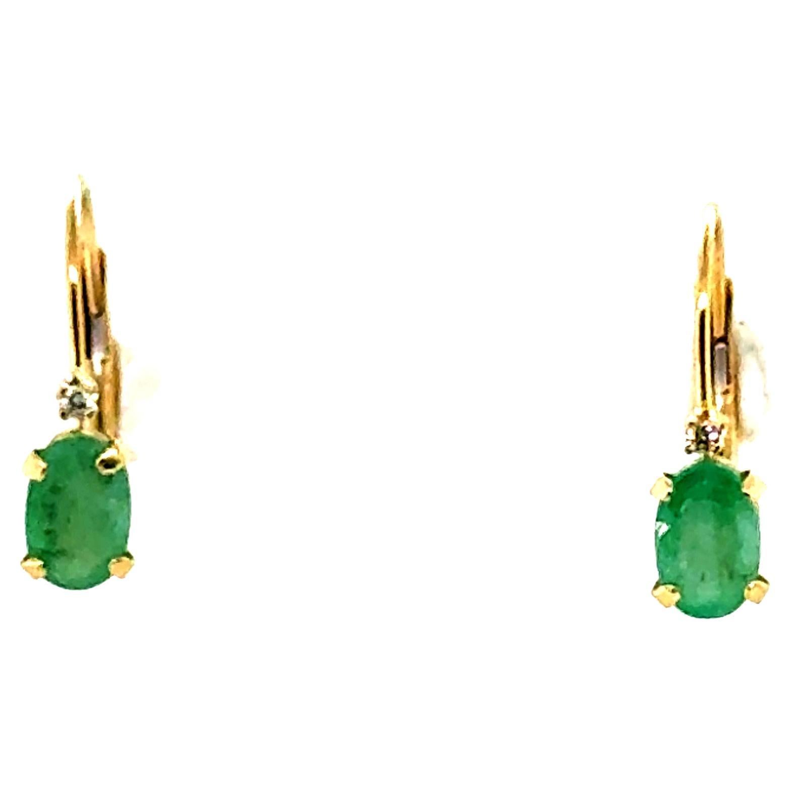 Emerald Diamond Leverback Earrings 1 Carat 14K Yellow Gold 1ct