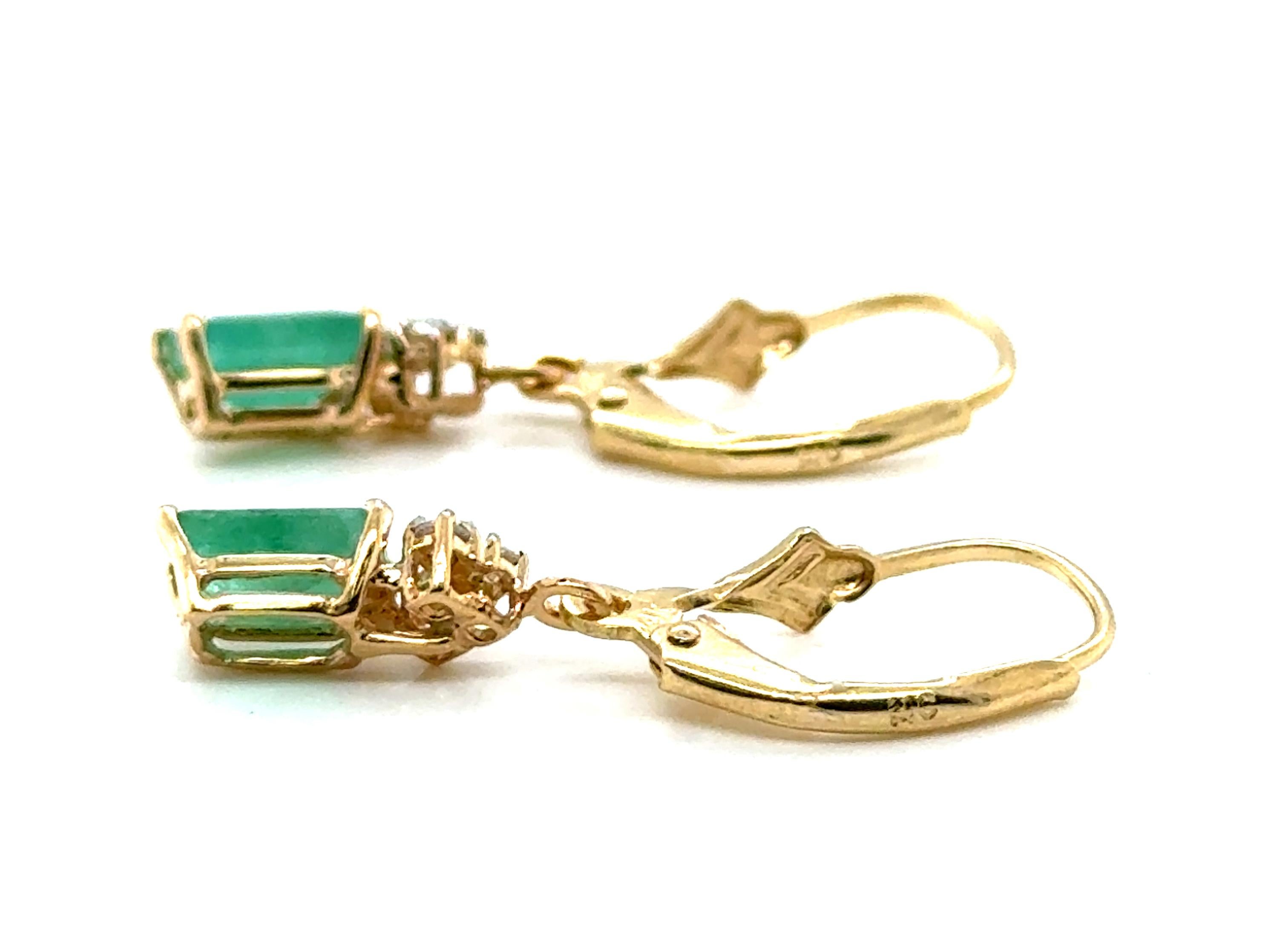 Emerald Cut Emerald Diamond Leverback Earrings 1.50 Carat 14K Yellow Gold 1.50ct For Sale