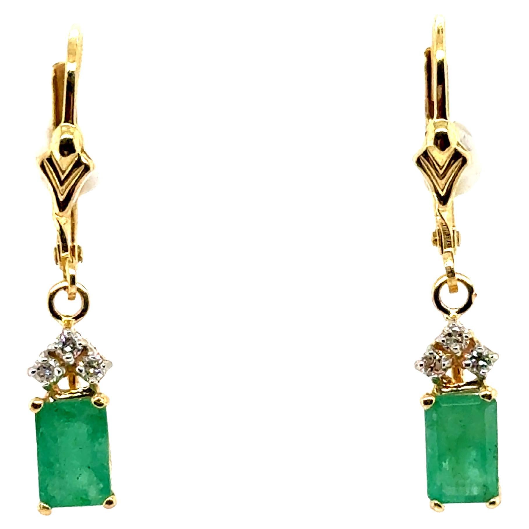 Emerald Diamond Leverback Earrings 1.50 Carat 14K Yellow Gold 1.50ct For Sale