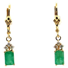 Emerald Diamond Leverback Earrings 1.50 Carat 14K Yellow Gold 1.50ct