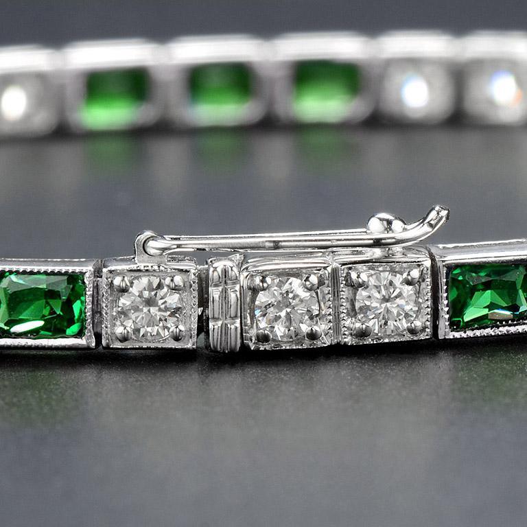 Women's or Men's Square Emerald and Diamond Art Deco Style Tennis Bracelet in 18K White Gold For Sale