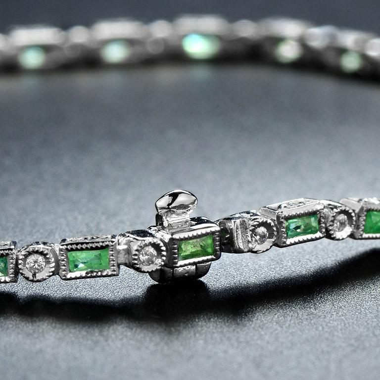 Art Deco Alternate Baguette Emerald with Round Diamond Bracelet in 18K White Gold For Sale