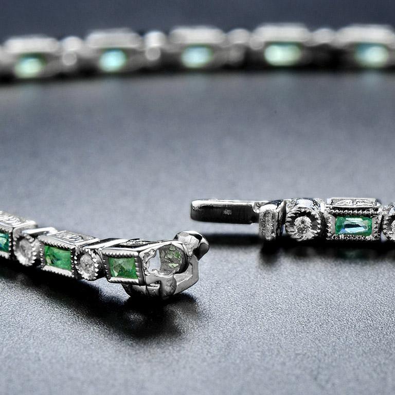 Baguette Cut Alternate Baguette Emerald with Round Diamond Bracelet in 18K White Gold For Sale