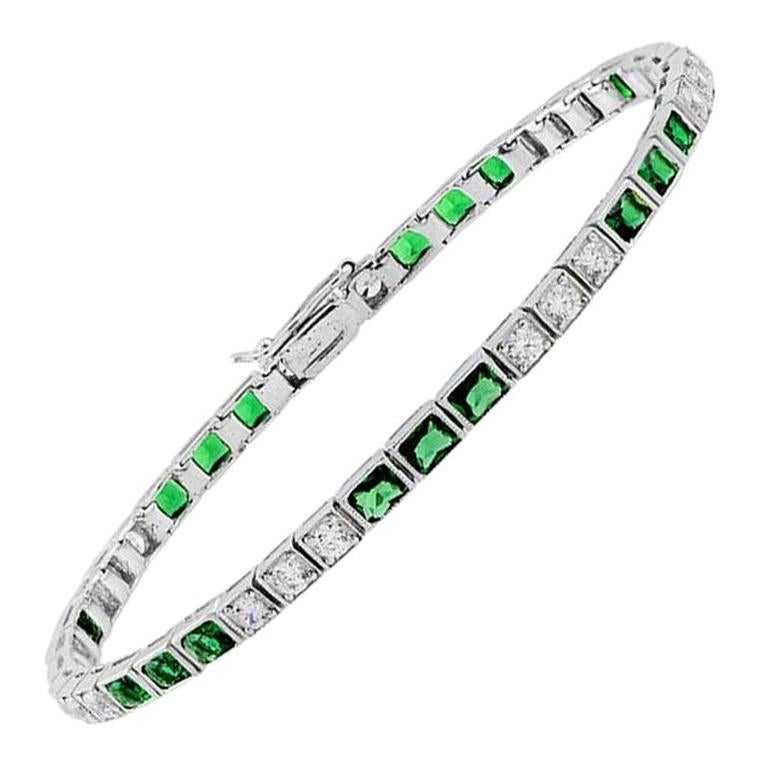 Square Emerald and Diamond Art Deco Style Tennis Bracelet in 18K White Gold For Sale