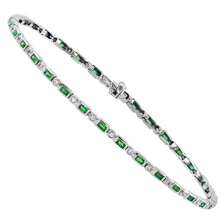 Alternate Baguette Emerald with Round Diamond Bracelet in 18K White Gold For Sale