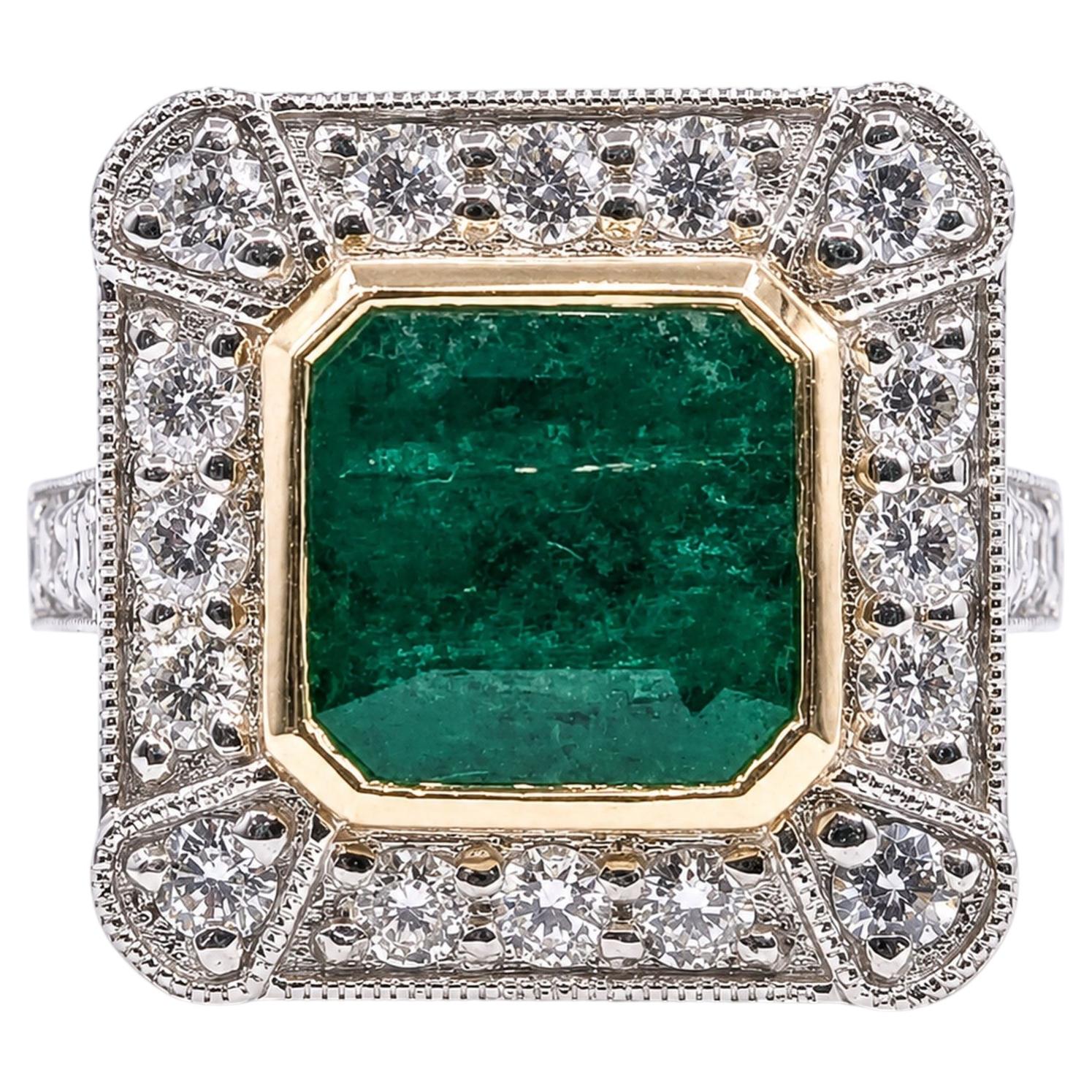 Emerald & Diamond Milgrain Cocktail Ring in 18k White Gold
