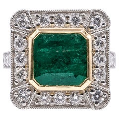 Emerald & Diamond Milgrain Cocktail Ring in 18k White Gold