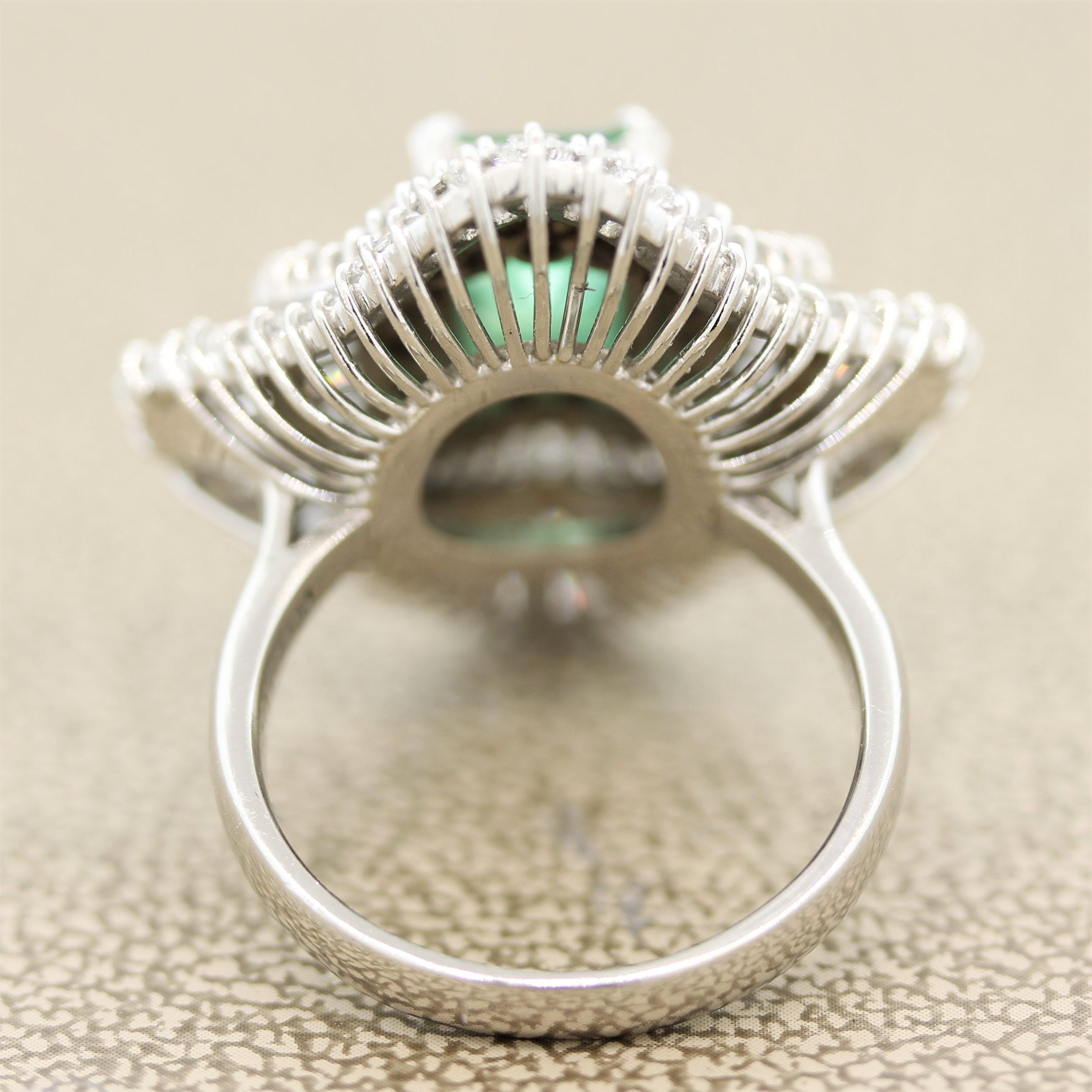 Emerald Diamond Multi-Halo Platinum Cocktail Ring In New Condition In Beverly Hills, CA