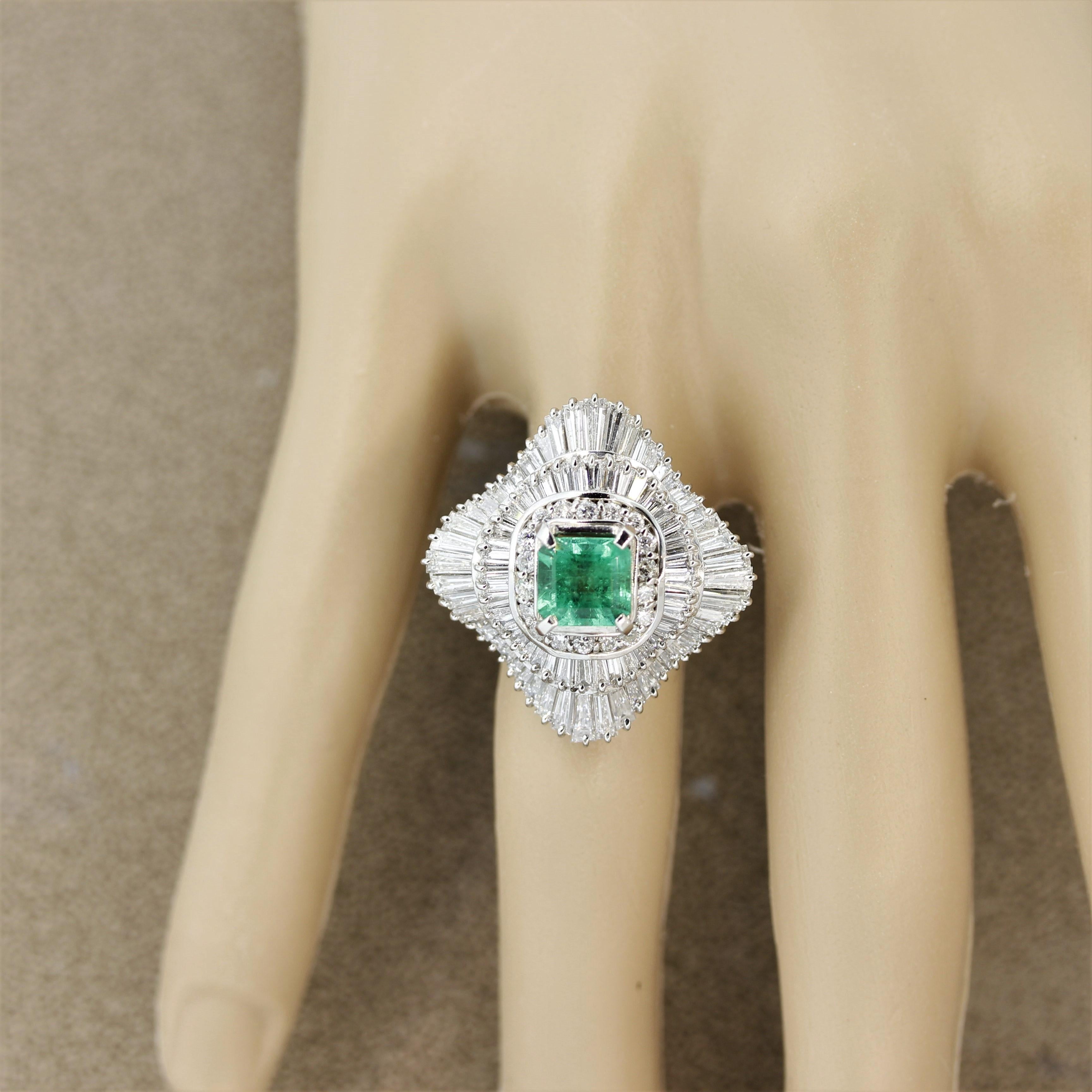 Emerald Diamond Multi-Halo Platinum Cocktail Ring 1